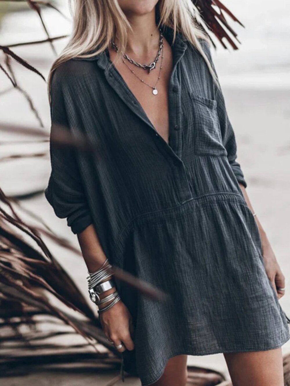 MIKUTA The Light Original Shirt Dress Dark Grey S/M Cover Up Gauze